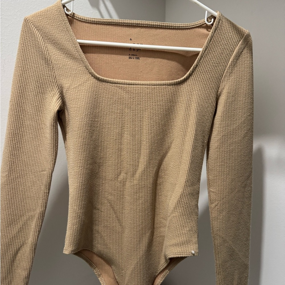 a new day Women's Tan Ribbed Long Sleeve Bodysuit